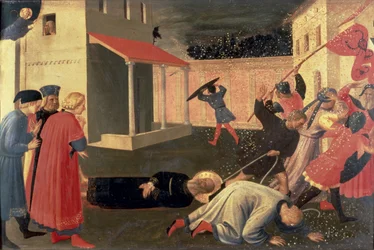 聖マルコの殉教を示すプレデラLinaiuoli Triptychの詳細、1433年（パネル上のテンペラ）